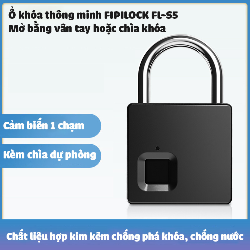 Ổ khóa mở bằng vân tay có kèm 2 chìa dự phòng cỡ lớn Fipilock FL-S5 chống nước chống phá khóa lưu 10 vân tay mẫu mới nhất