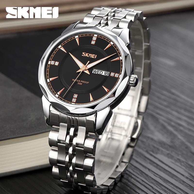 Phong Cách Mới Nhất Skmei Moment Beauty Thời Trang Dây Thép Không Gỉ Chắc Chắn Nam Lịch Kép Chống Nước Phong Cách Doanh Nhân Đồng Hồ Thạch Anh