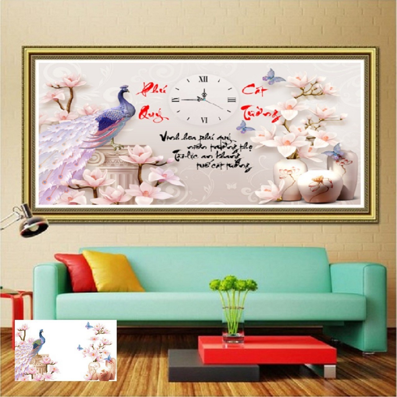 Tranh thêu Phú quý cát tường - đồng hồ - chưa thêu