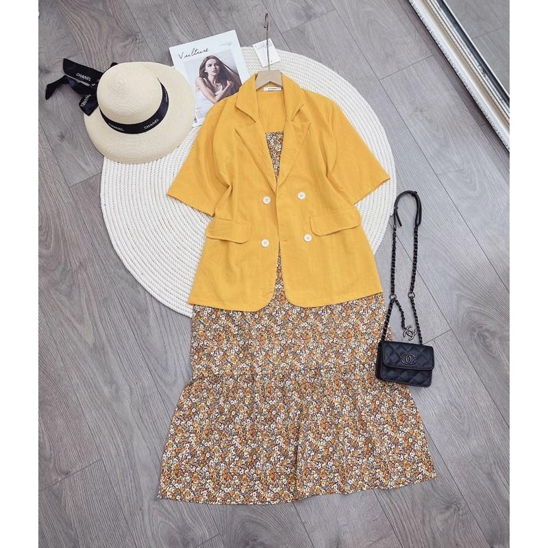 SET ÁO BLAZER VEST CỘC TAY VÀNG MIX VÁY HAI DÂY HOA NHÍ ĐUÔI CÁ SIÊU PHẨM XINH XẮN
