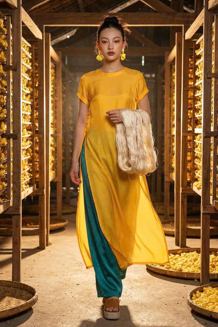 Áo Dài Cách Tân Kiêm Đầm Suông Lụa Vàng Dã Quỳ ADA015 thời trang thiết kế Hity