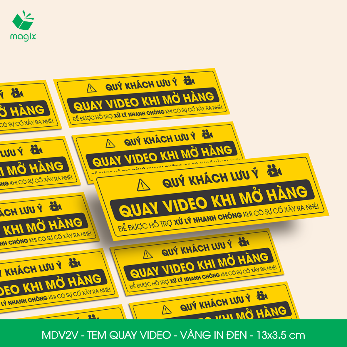 500 Tem chú ý quay video trước khi mở hàng, decal dán hộp - 13x3,5 cm - Vàng in đen - MDV2V