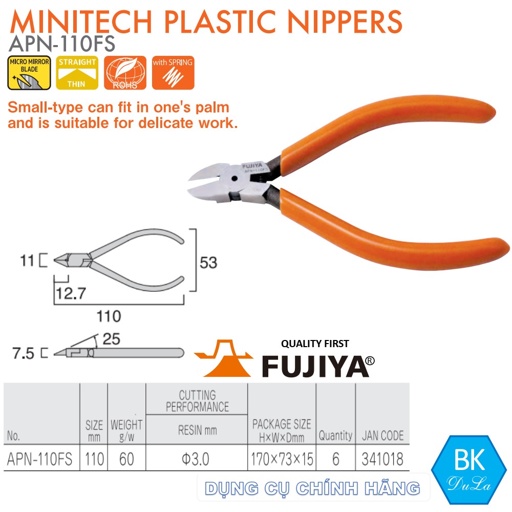 Kìm cắt nhựa - Kìm cắt Bavia lưỡi bằng 4.5inch /110mm Fujiya APN-110FS GENUINE công nghệ Nhật Bản