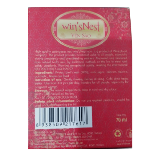 Yến Sào cao cấp win'sNest Tổ Yến Chưng Sẵn mum 20% (70ml) thích hợp cho mẹ mang thai và cho con bú