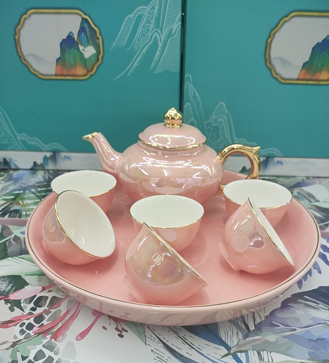 BỘ ẤM CHÉN PHA TRÀ KÈM KHAY HÌNH TRÒN MÀU XANH NGỌC,MÀU HỒNG