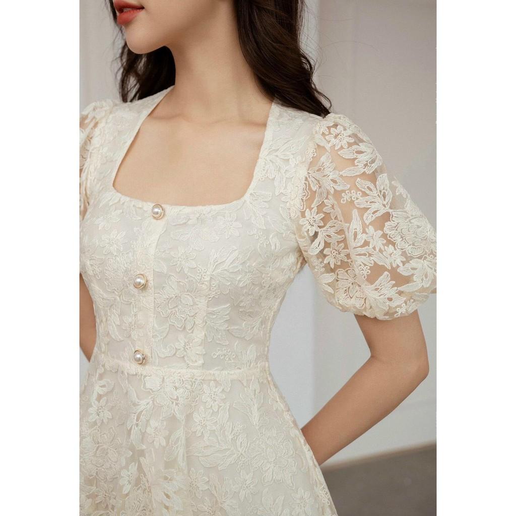 ĐẦM XỐP REN THÊU HOA NHÍ NUDE 2 LỚP CỔ VUÔNG TAY NGẮNG DÁNG XÒE