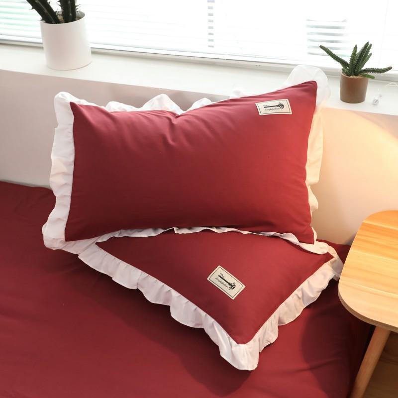 Bộ Chăn Ga Gối Cotton Đũi Viền Bèo - Đỏ Viền Trắng