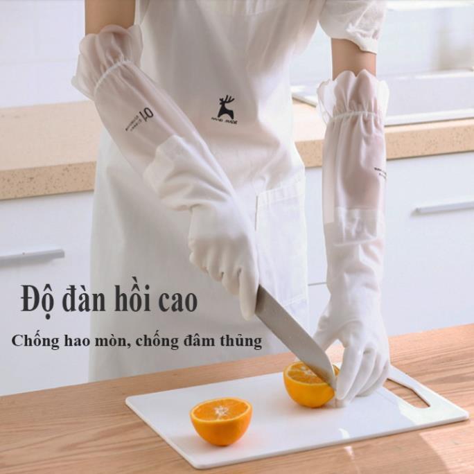 Găng tay cao su rửa bát dài có dây thun chống tuột có lót nỉ