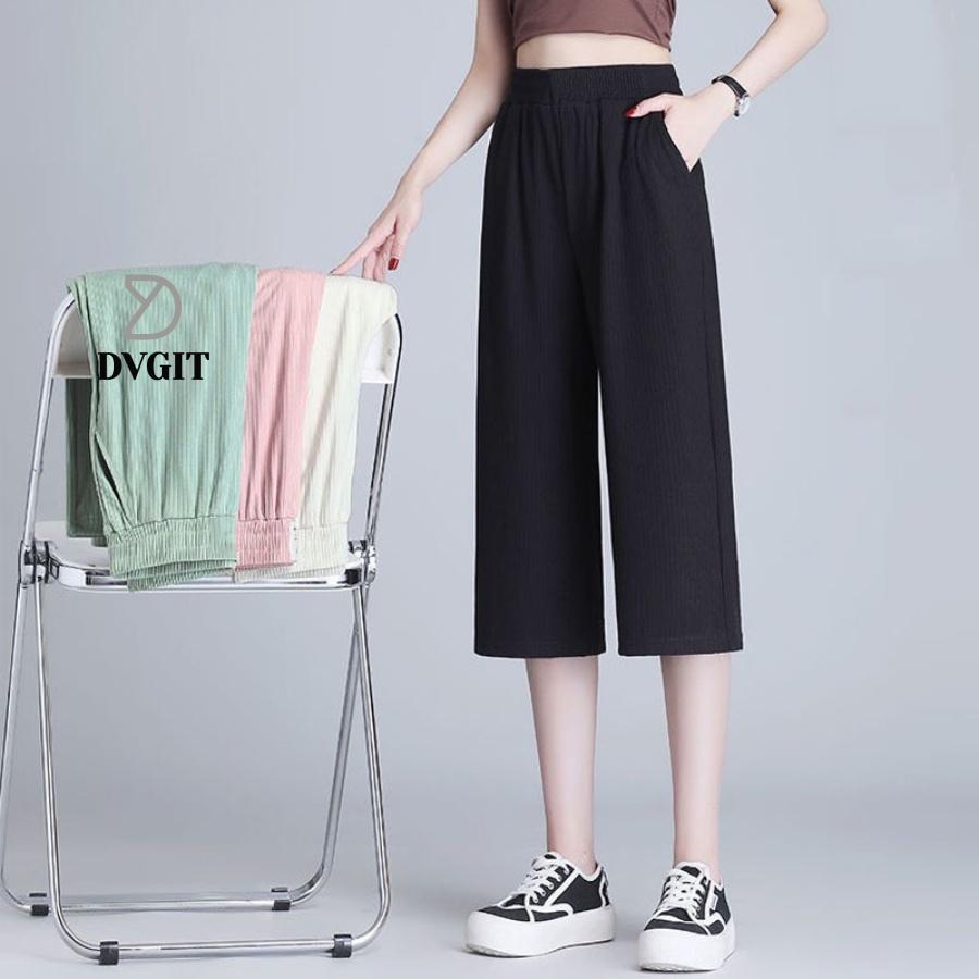 Quần Ống Rộng Nữ DVGIT Dáng Lửng Chất Liệu Thun Tăm Lạnh Màu Đen Mát Mịn Phù Hợp Đi Chơi Dạo Phồ Thời Trang Hàn Quốc - Màu đen