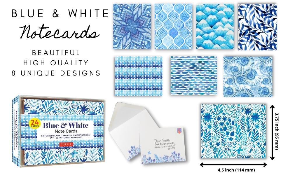 Blue &amp; White Note Cards, 24 Blank Cards: 8 Unique Designs With 25 Patterned Envelopes