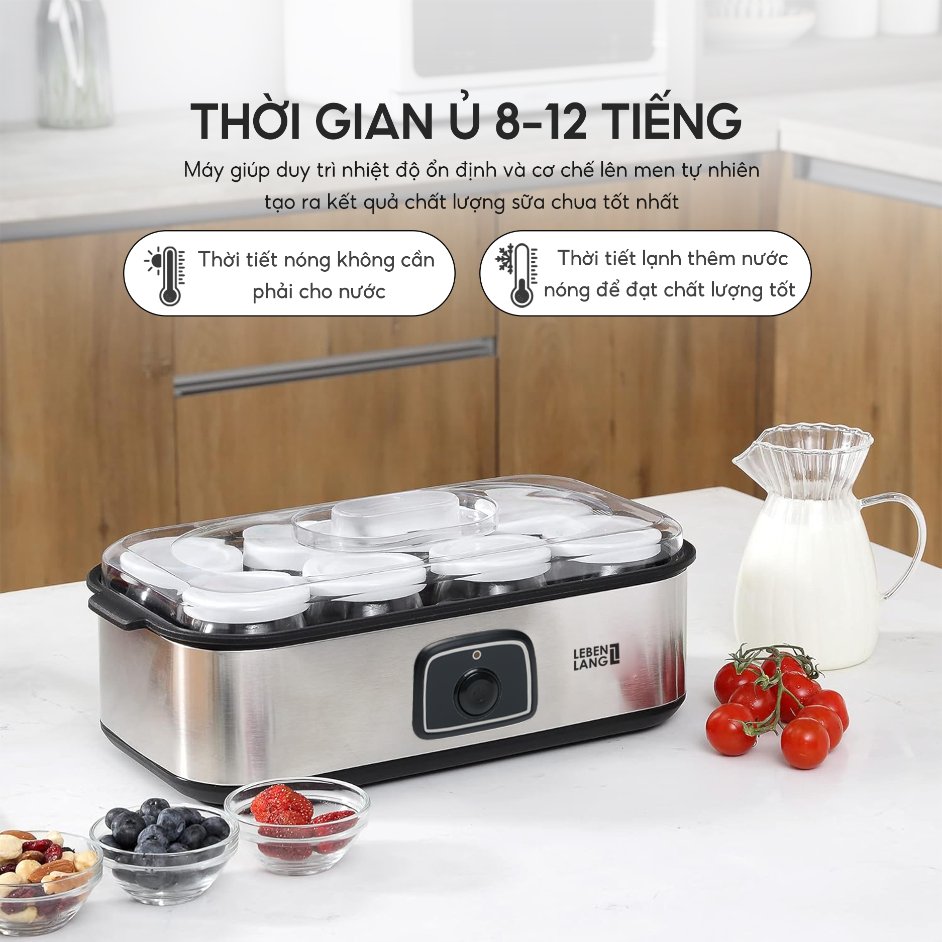 Máy làm sữa chua Lebenlang LBL9139, công suất 200W, dung tích 180ml, gồm 8 lọ thủy tinh, bảo hành 2 năm - hàng chính hãng