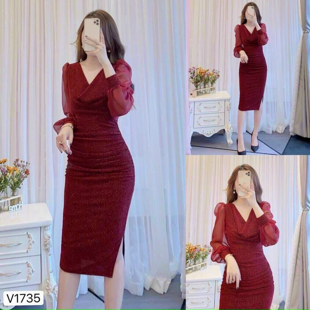 Đầm Body Phối Tay Voan Cổ Đổ - Hậu Nguyễn Store