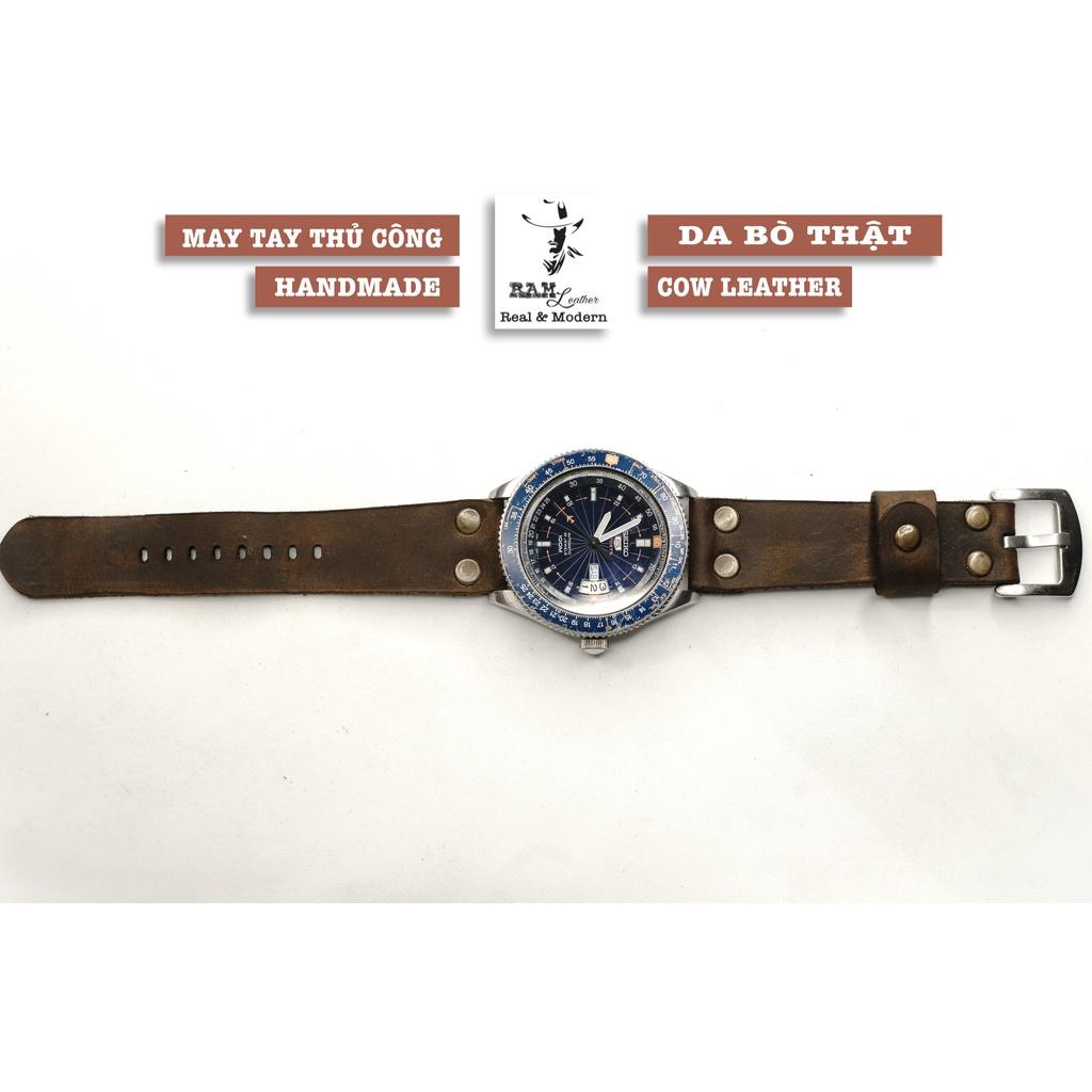 Dây đồng hồ da bò thật kiểu phi công RAM Leather rivet nâu đất bền chắc - tặng khóa chốt và cây thay dây