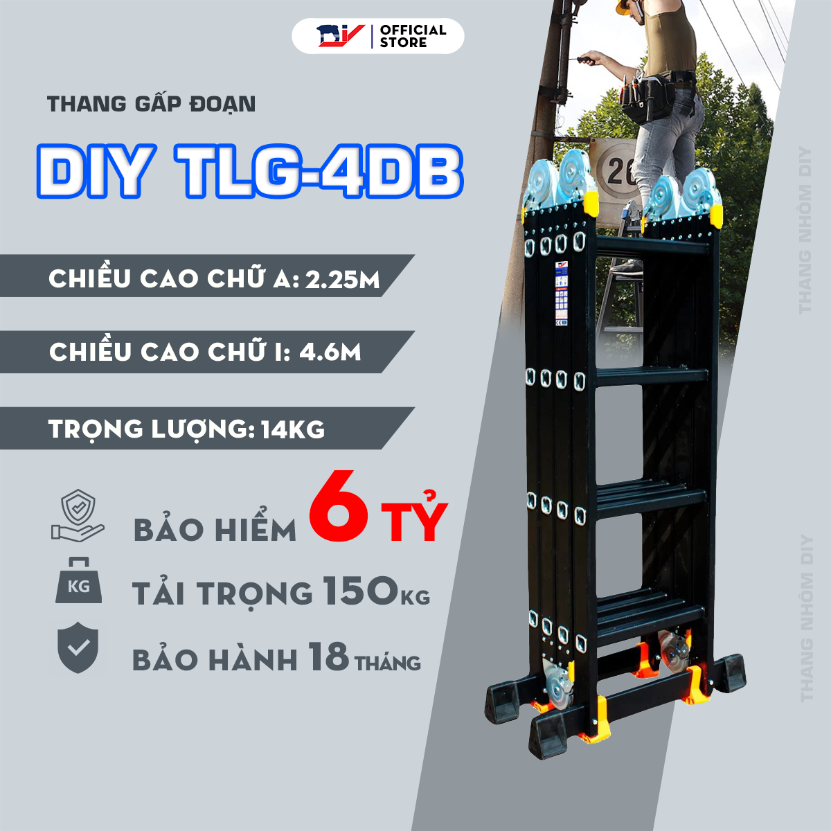 Thang nhôm gấp 4 đoạn DIY TLG-4DB chiều cao sử dụng chữ A 2.3m, chiều cao chữ I 4.7m