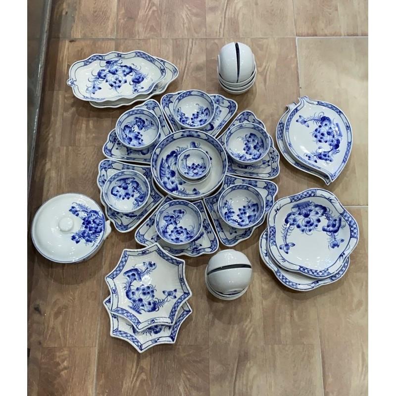 Set bát đĩa hoa mặt trời men lam 30-34 món. Gốm sứ Bát Tràng cao cấp.