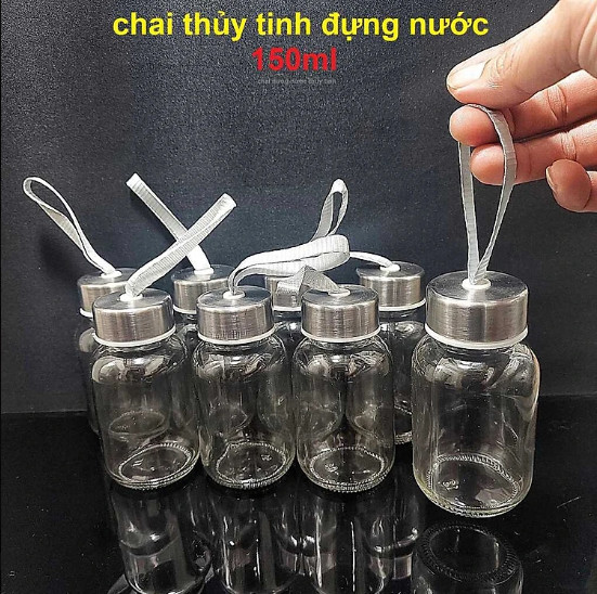 Chai Đựng Nước Thủy Tinh 150ML có dây treo nắp thiếc vặn