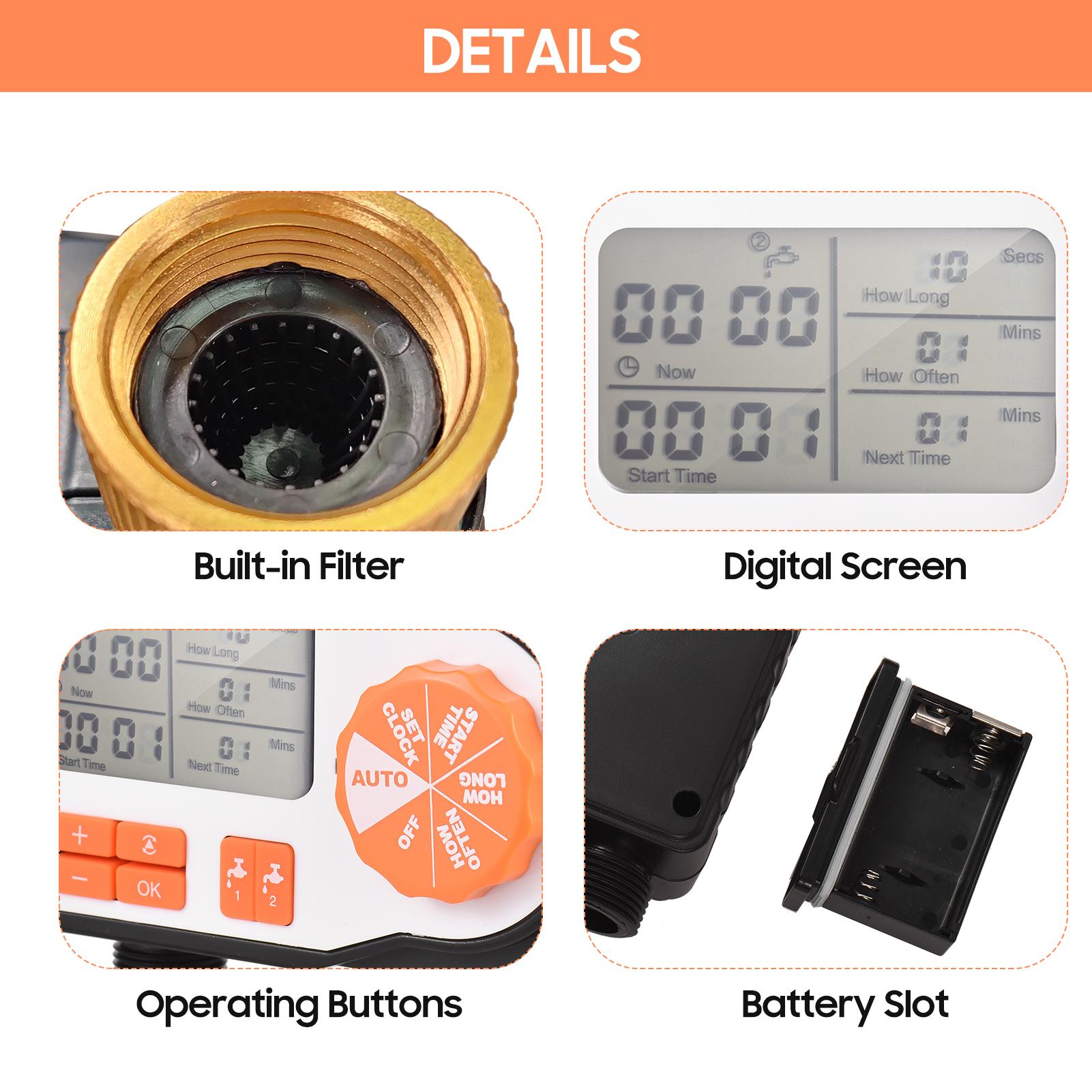 Digital Automatic Watering Timer with 2 Hose Connectors Programmed Garden Irrigation Timer Faucet Sprinkler Intelligent Irrigation Controller for Lawn Farmland Courtyard Greenhouse