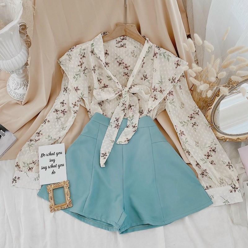 126 - SET ÁO HOA CỘT NƠ CỔ SHORT XANH