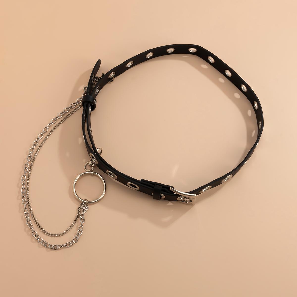 SHIXIN Punk PU Đen Với Dây Chuyền Vòng Vòng Dây Lưng Nữ Thời Trang Thắt Lưng Nữ Eo Dây Chuyền Trên Quần Jean phụ Kiện 2021