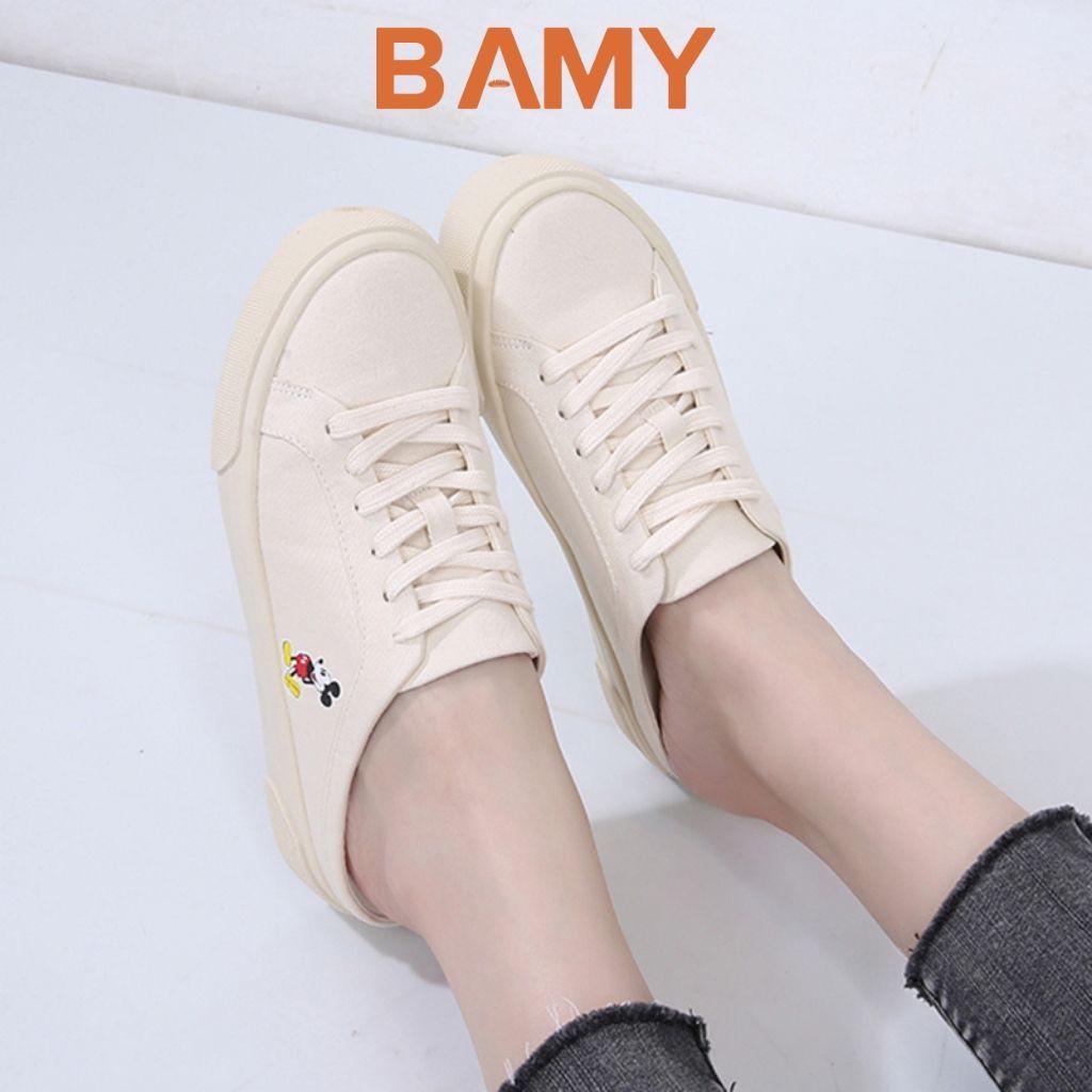 Giày Sục Thể Thao Nữ MK màu Kem, Sục bata đạp gót đế bánh mì 3cm BAMY From rộng