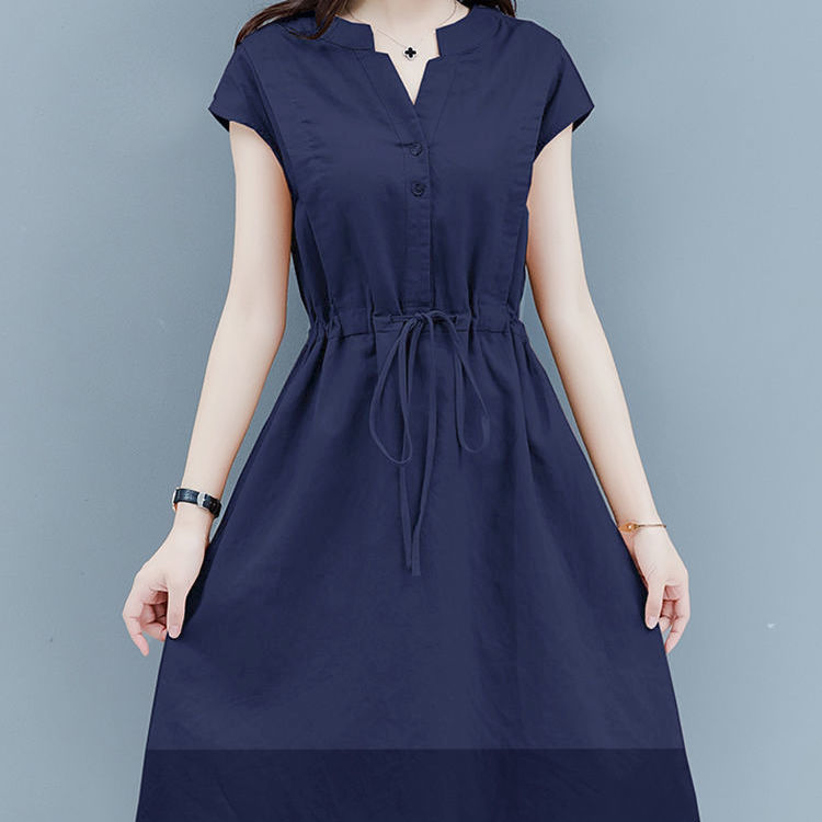 Hình ảnh Đầm Linen nữ cổ V rút eo 2 túi phong cách công sở Đũi Việt Dv160
