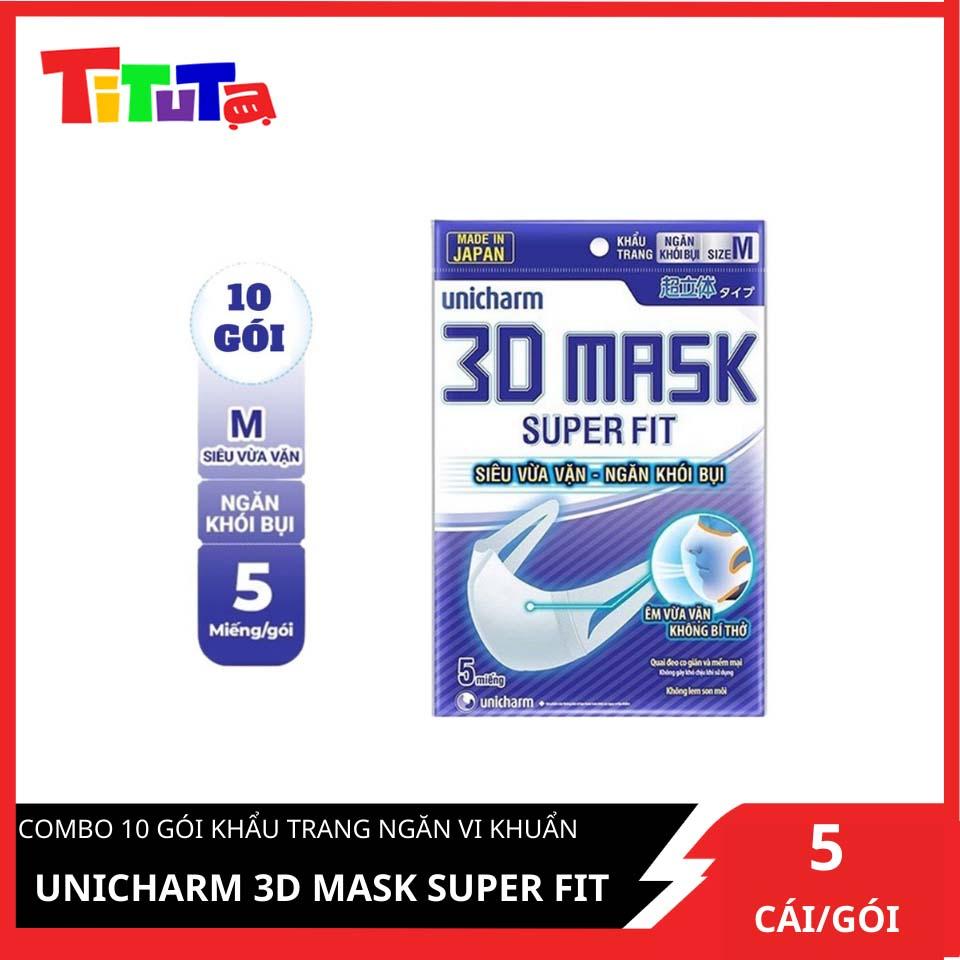 Bộ 10 Gói Khẩu Trang Ngăn Khói Bụi Unicharm 3D Mask Super Fit Size M Gói 5 Miếng