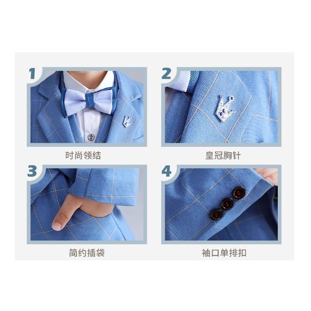 Bộ ghile vest bé trai cao cấp kẻ xanh TQB055 gồm 3 chi tiết (áo ghile + áo vest + quần tây) tặng kèm nơ