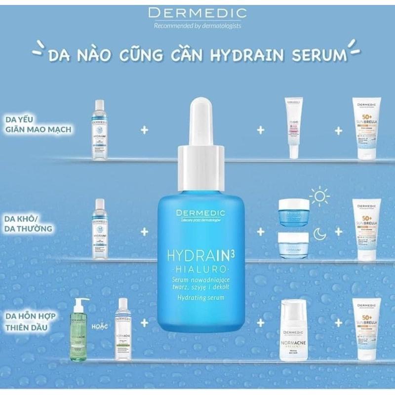 Serum Dermedic Hydrain3 cấp nước, cấp ẩm cho da khô Hydrain3 Hialuro Hydrating Serum For Face, Neck And Decolltage 30 ml