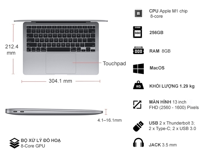 Apple Macbook Air  M1 8GB RAM 256GB SSD 13.3 inch IPS Mac OS Space Grey _ MGN63SA/A _ Hàng chính hãng