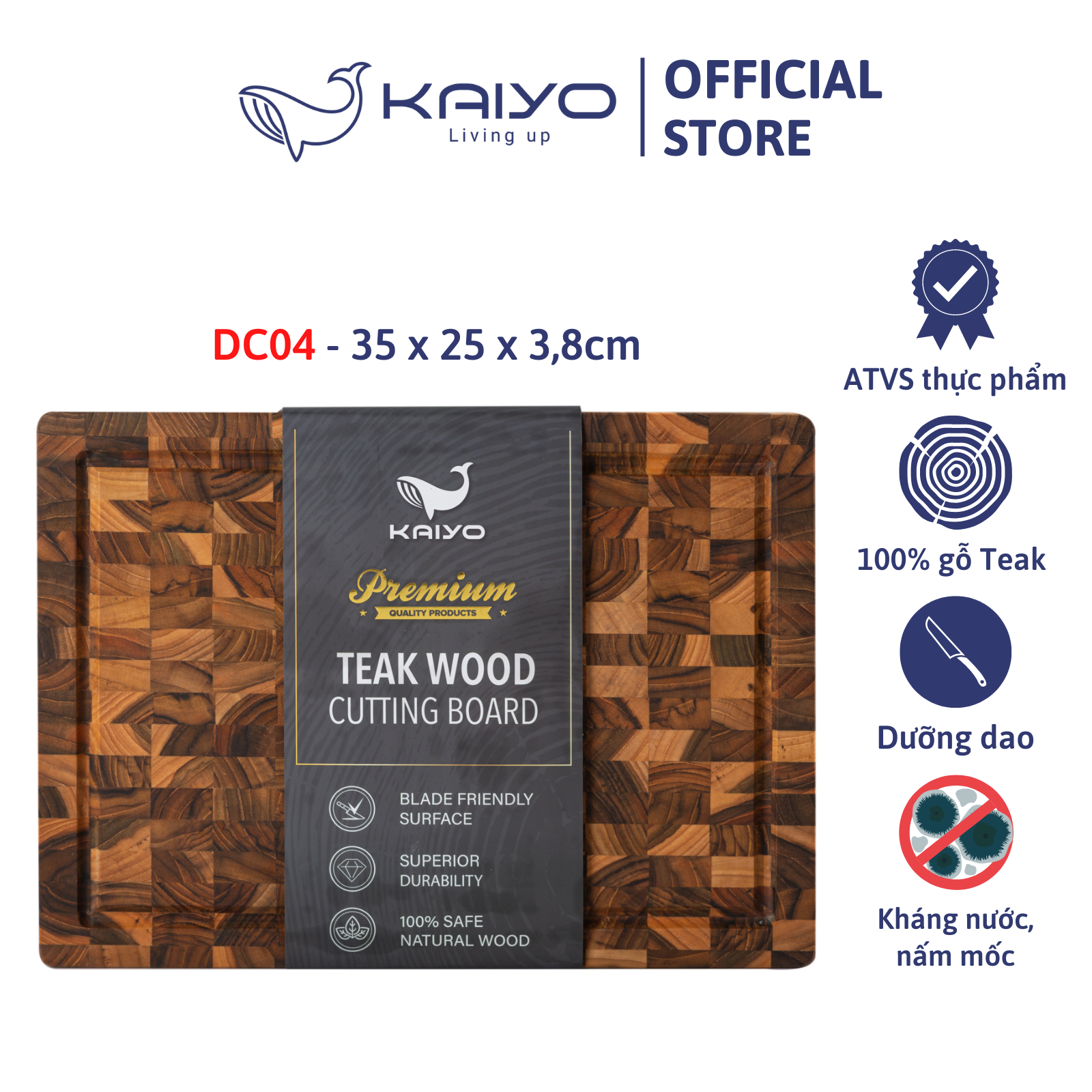 Thớt chặt gỗ teak đầu cây KAIYO size M 35 x 25 x 3,8cm