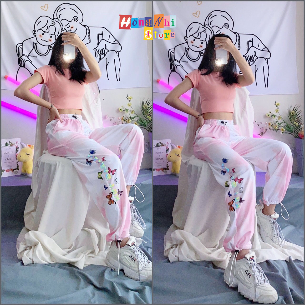 Quần Jogger Thun Dài Dây Rút Loang Màu Phản Quang Màu Hồng - Quần Thun Rút Dây Unisex - MM