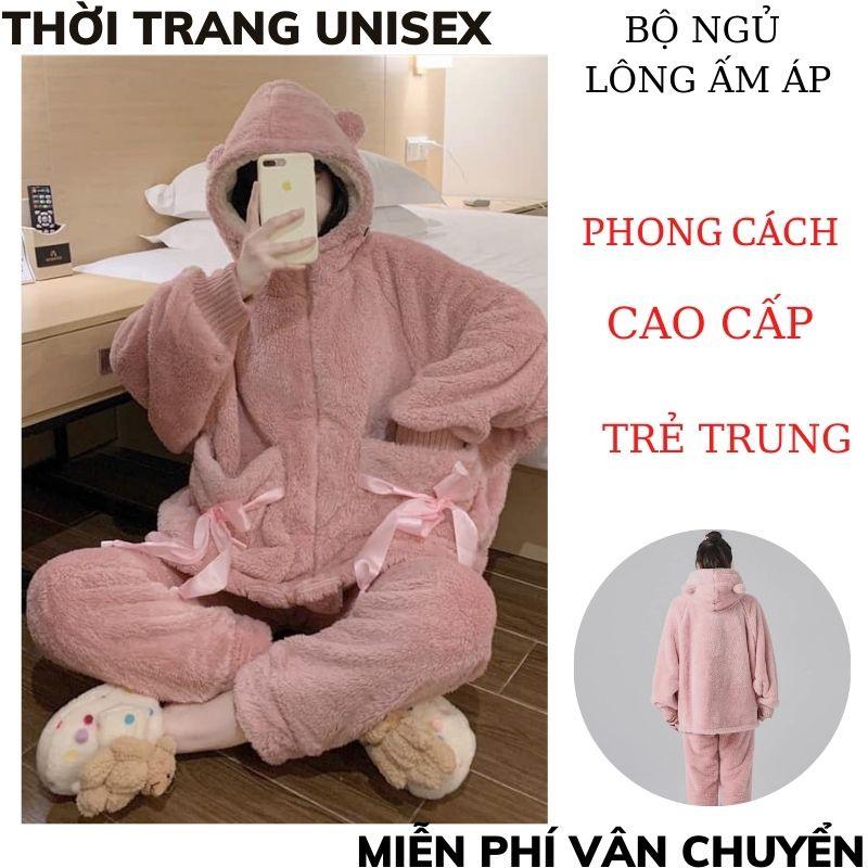 Bộ lông cừu thu đông siêu ấm thắt nơ túi 2 màu hồng tím thời trang Hàn Quốc. Đồ bộ mặc nhà, bộ ngủ nữ.METSHOP