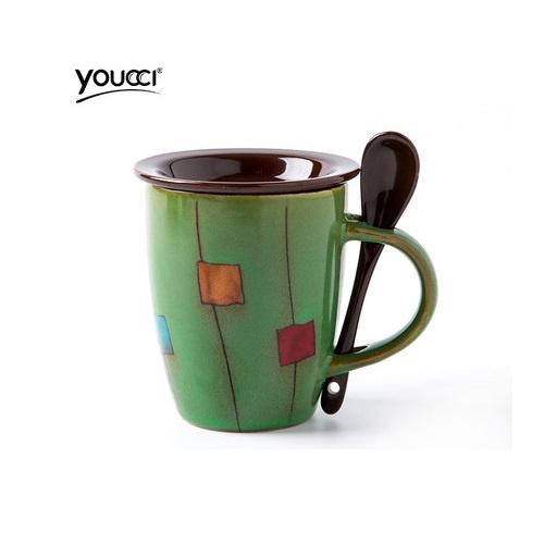 Cốc sứ uống cafe họa tiết ô vuông vintage 350ml kèm nắp và thìa