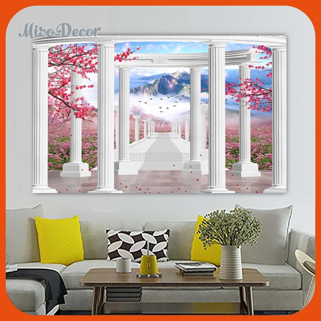 Tranh dán tường 3D cửa sổ phong cảnh in decal PP