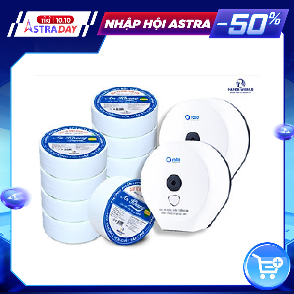 Combo 2 hộp đựng giấy vệ sinh cuộn lớn Roto RT3203A( Trắng) và 10 cuộn giấy vệ sinh cuộn lớn An Khang Caro500