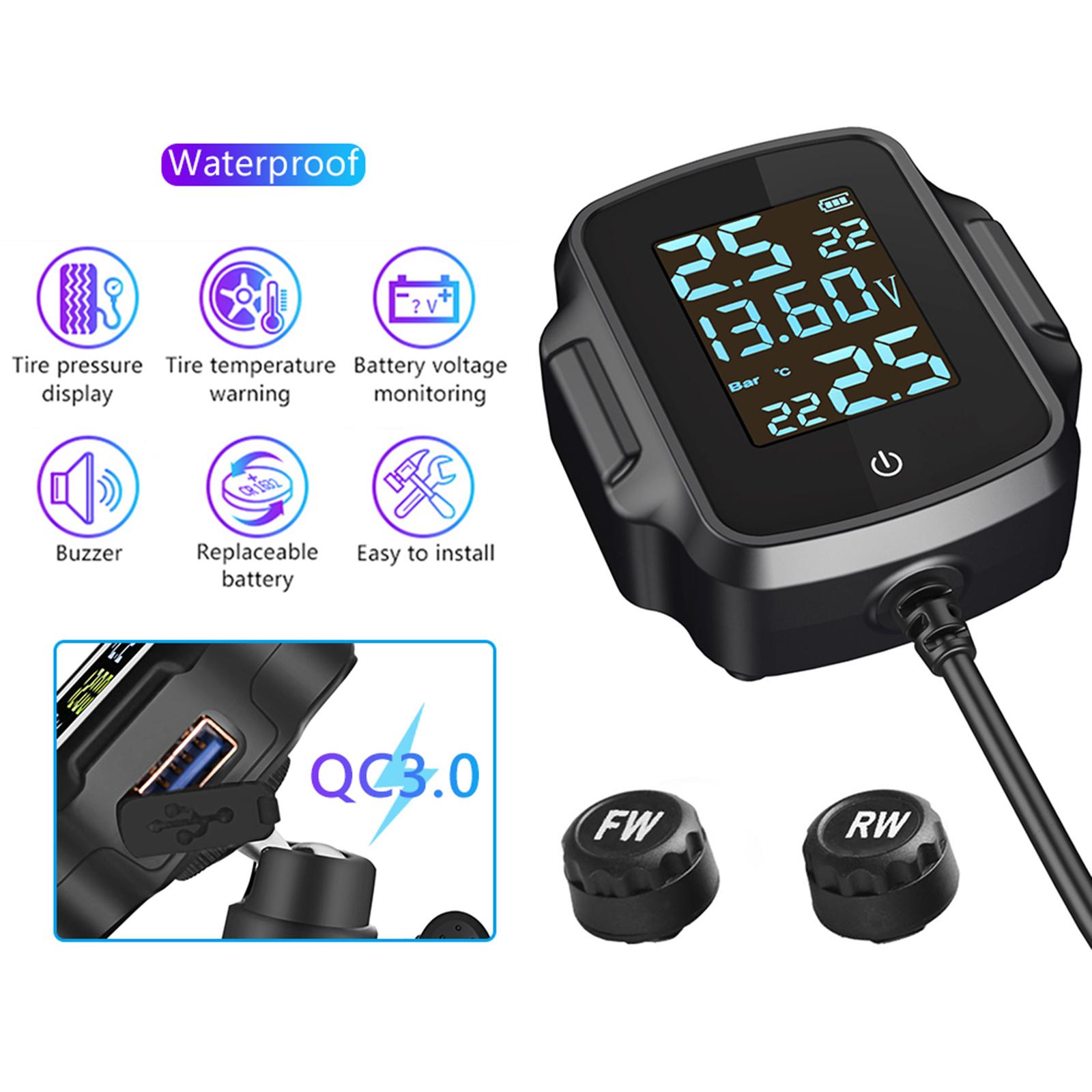 Motorcycle TPMS Tire Pressure Monitoring System Warning Gauge, Tyre Temperature Alarm System, with Voltage Detection, Dustproof
