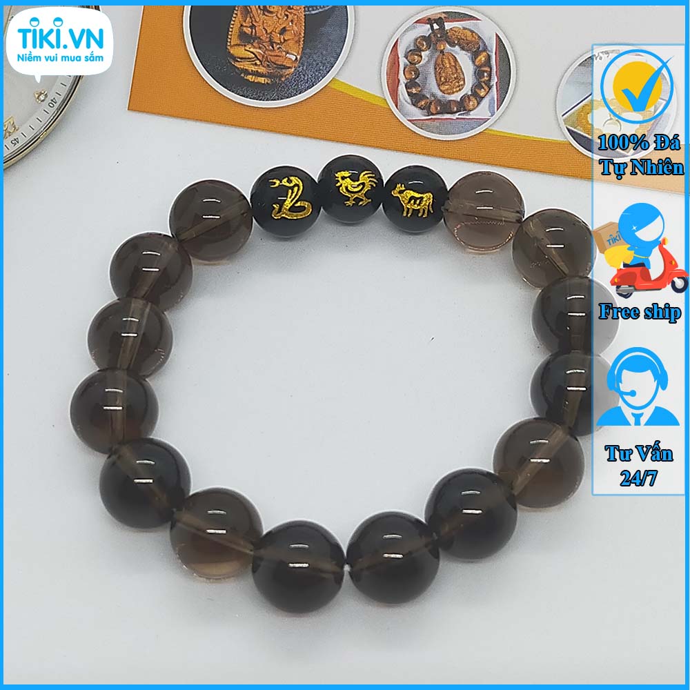 Vòng Phong Thủy Tam Hợp Tỵ Dậu Sửu Thạch Anh Khói - Vòng Tay Phong Thủy Mệnh Mộc - May Mắn Tài Lộc - Size 8 10 12ly