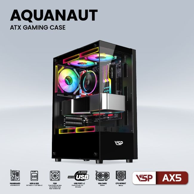 Vỏ Máy Tính Case VSP AX5 Aquanaut ATX Gaming (Black/White) - Hàng Chính Hãng