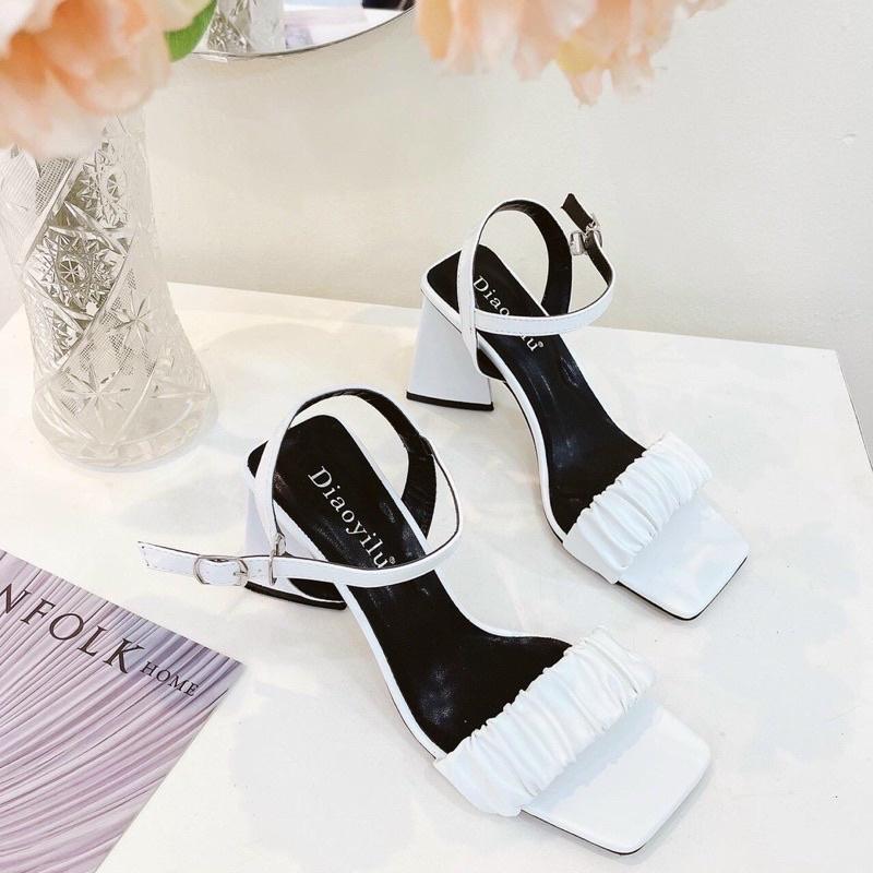 Giày Sandal nữ CAO GÓT 7P QUAI NGANG NHÚN BÈO GÓT TAM GIÁC (7PNBTG)