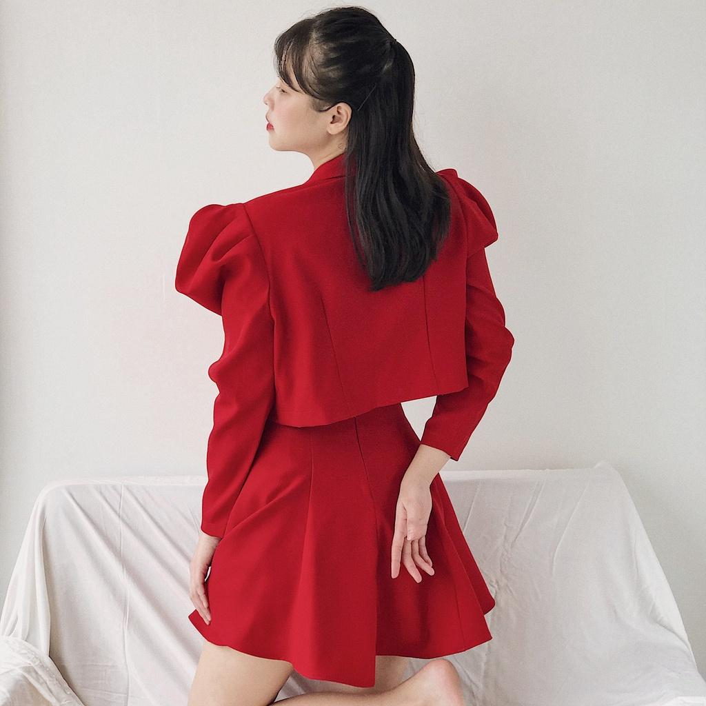 KIOBI - Chân váy Short Laluna form mini rã 7 mảnh, dáng váy ôm trên xòe dưới, eo lưng cao, vải cotton bố đỏ - KIV20121DO