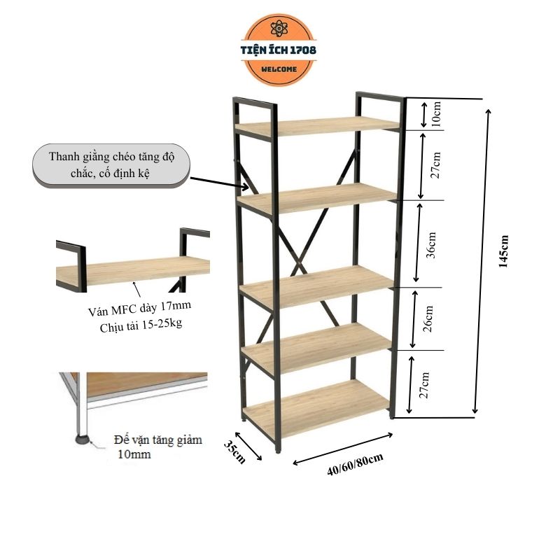 Kệ Đa Năng 5 Tầng Khung Sắt Mặt Gỗ Chắc Chắn Dễ Dàng Lắp Ráp Dùng Cho Nhà Bếp, Sắp Xếp Nhà Cửa, Decor