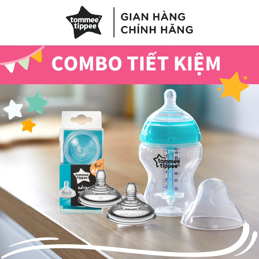 COMBO Bình sữa siêu chống đầy hơi kèm báo nhiệt Tommee Tippee Advanced Anti-Colic 260ml &amp; Núm ty silicon thay thế 6M+