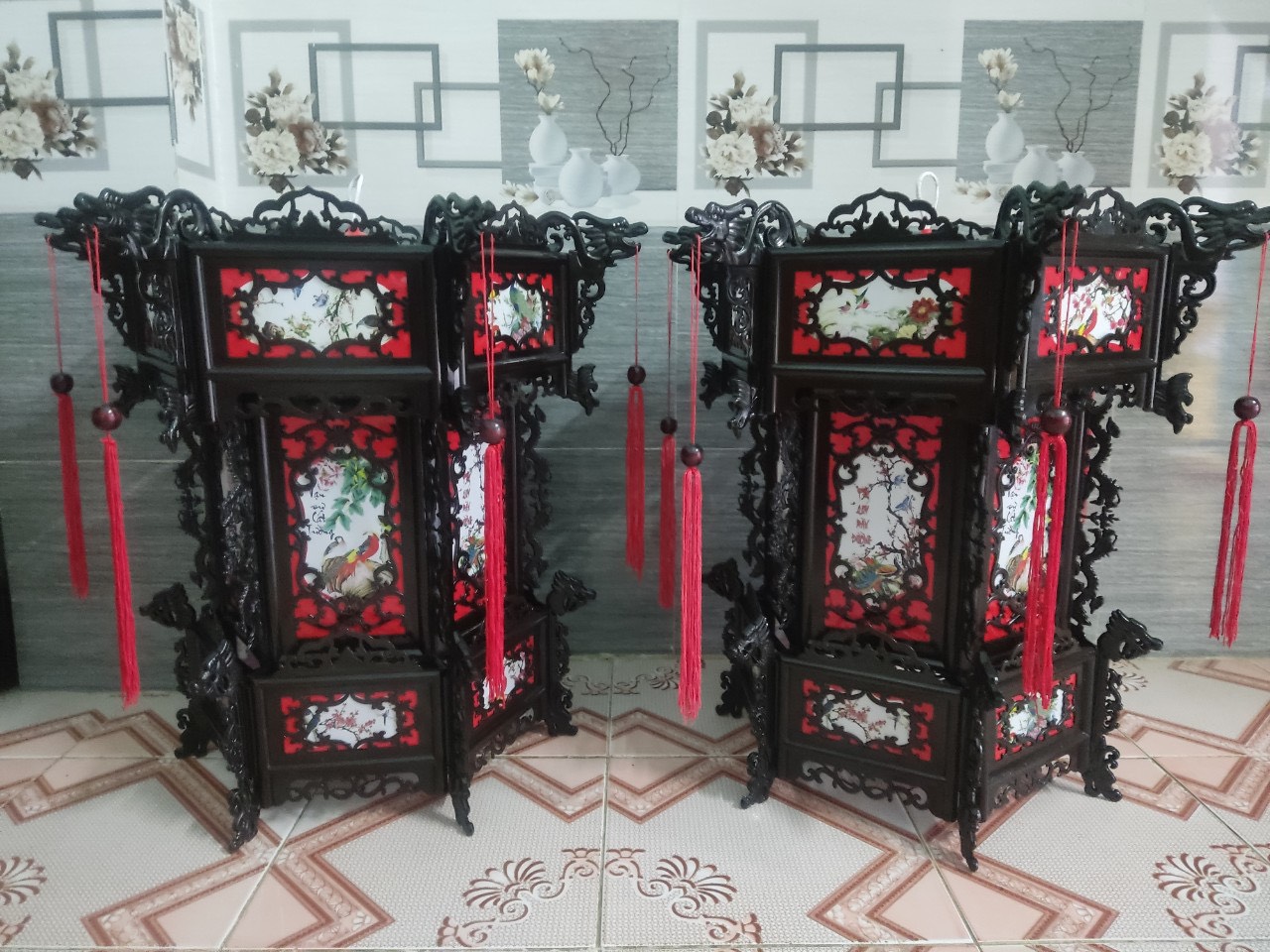 Đèn lồng nhựa lục giác 6 cạnh MÀU ĐỎ in hoa văn