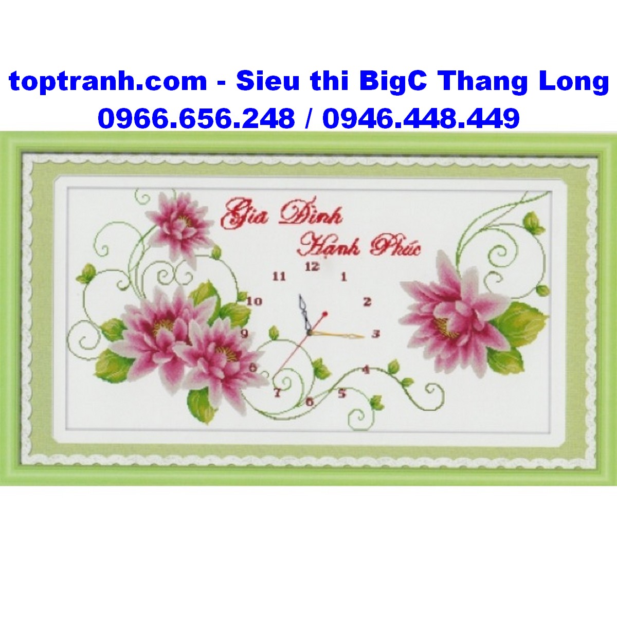 Tranh thêu chữ thâp đồng hồ hoa mẫu đơn gia đình hạnh phúc 8046 chưa thêu