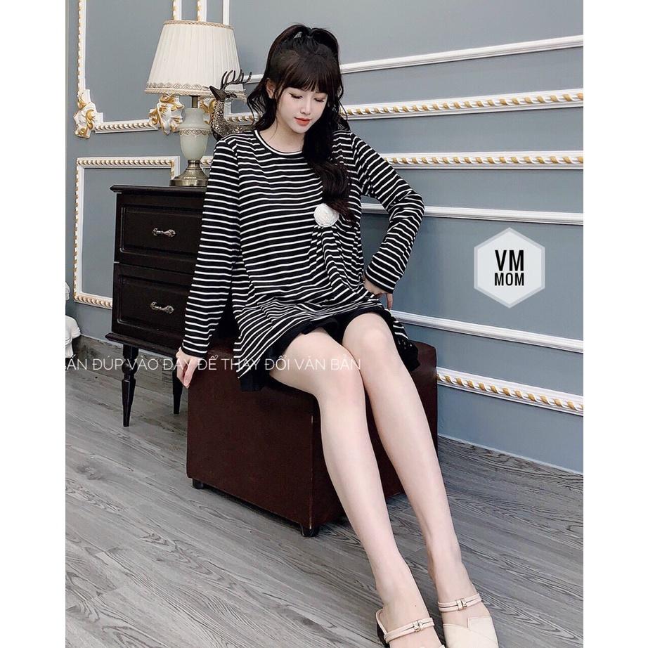 Áo bà bầu dài tay công sở mùa hè chất đũi kẻ thiết kế cao cấp