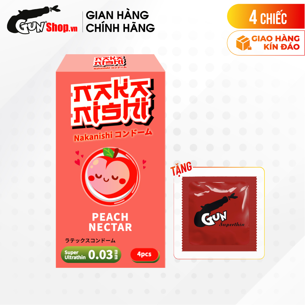 [Hộp 4 cái] Bao cao su Nakanishi - Siêu mỏng 0.03mm - Hương đào kèm 1 chiếc BCS Gun Super Thin