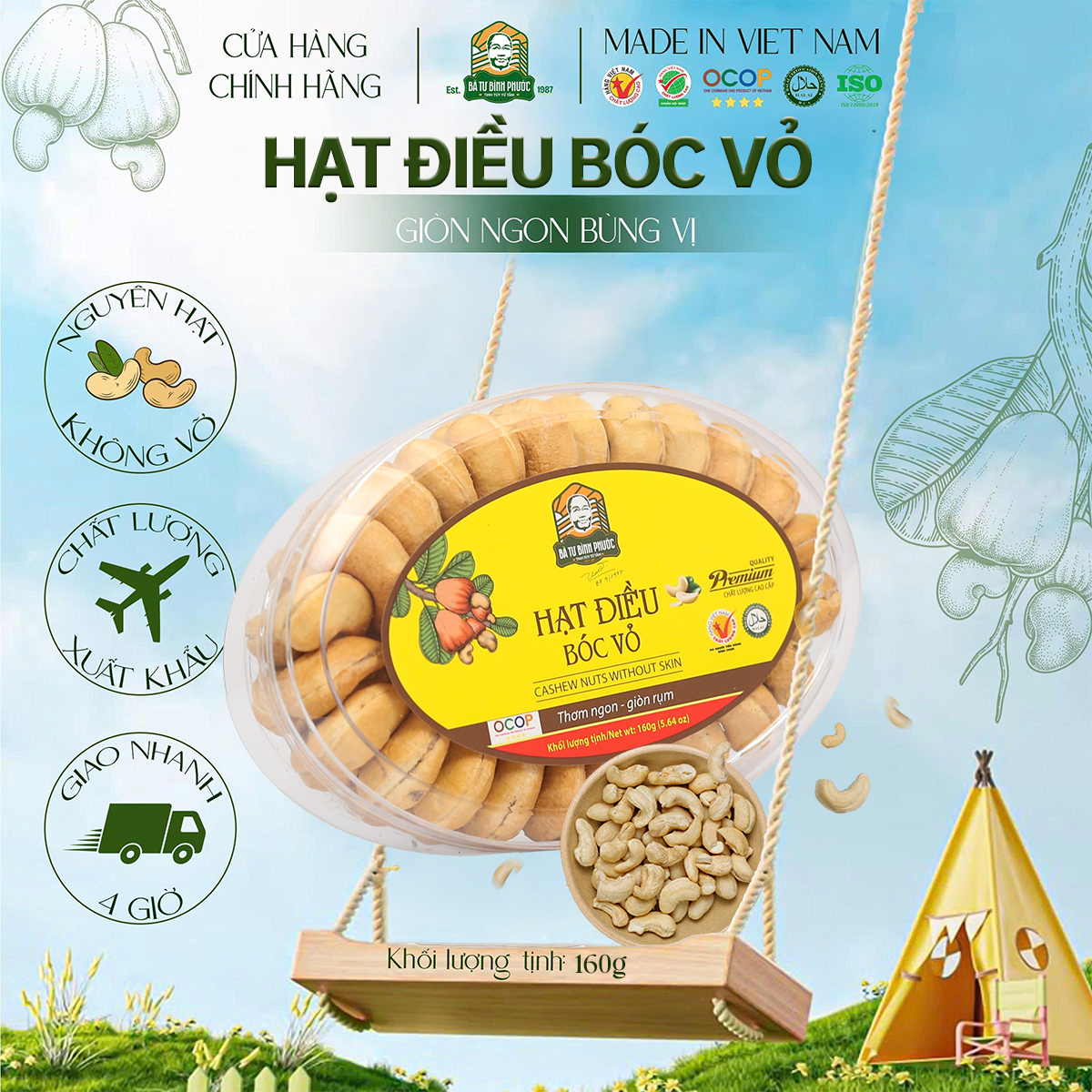 Hạt Điều Bóc Vỏ Bà Tư Bình Phước 160g – Giòn rụm, béo bùi tự nhiên – rang củi truyền thống