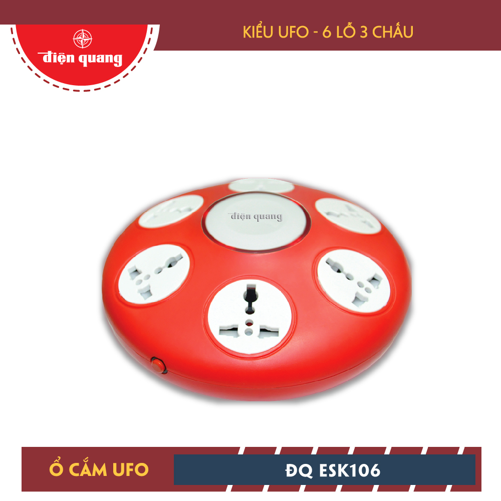 Ổ cắm Điện Quang ĐQ ESK 2R.106 (Kiểu UFO 6 lỗ 3 chấu dây 2m màu đỏ)