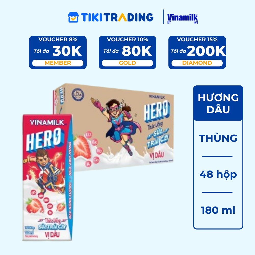 Thùng Thức uống sữa trái cây vị dâu Vinamilk Hero 180ml - 48 hộp/Thùng