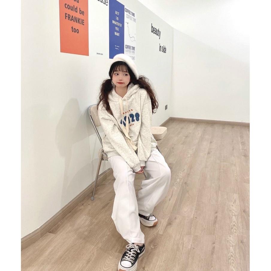 Áo Hoodie Nam Nữ Nỉ Ngoại 1928 Thêu Nổi Dáng Thụng Màu Xám Mũ 2 Lớp